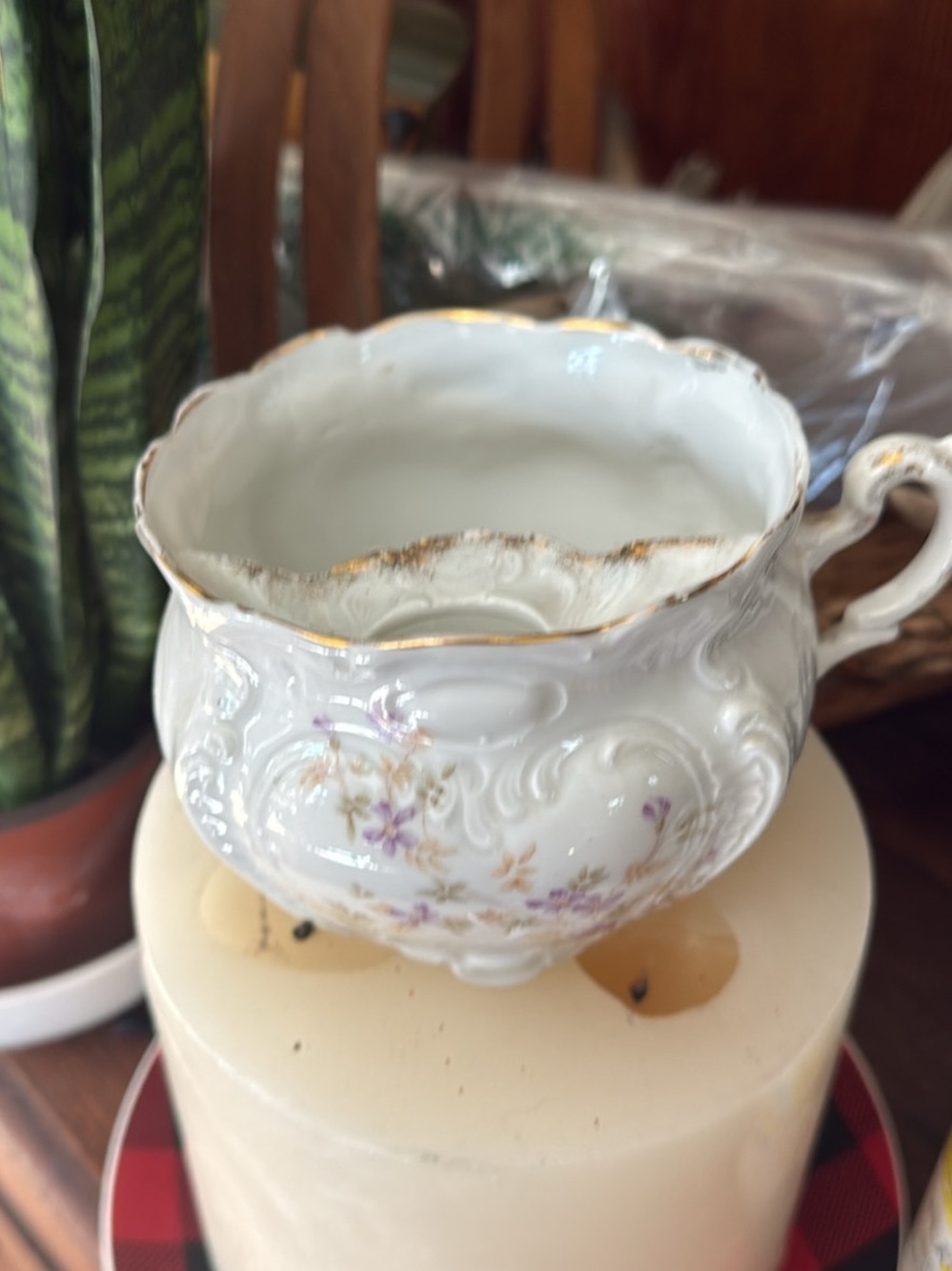White vintage Porcelain Floral shave mug with Gold Trim